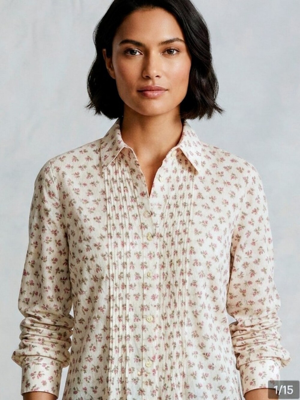 Tommy Hilfiger Style Ditsy Floral Blouse - Ivory & Pink - Pleated Front - Size M